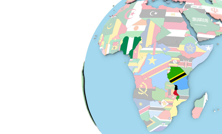 map of Africa on globe with Nigeria Tanzania and Malawi highlighted