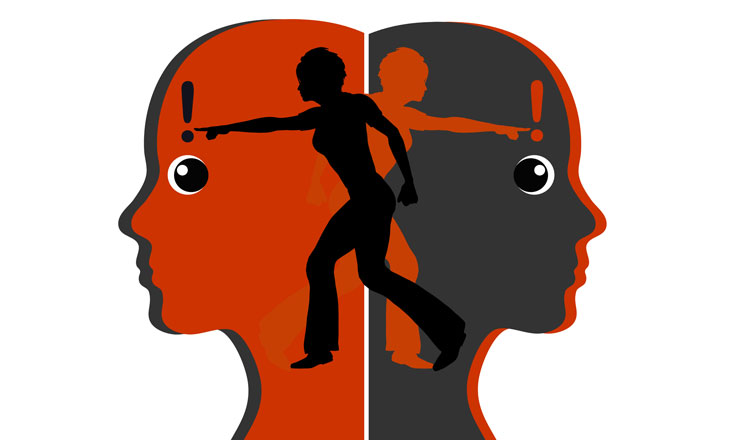 red and black heads in opposite directions with persons in contrasting colors inside pointing in opposite directions