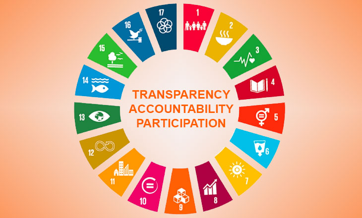 sustainable development goal icons in circle around transparency accountability participation